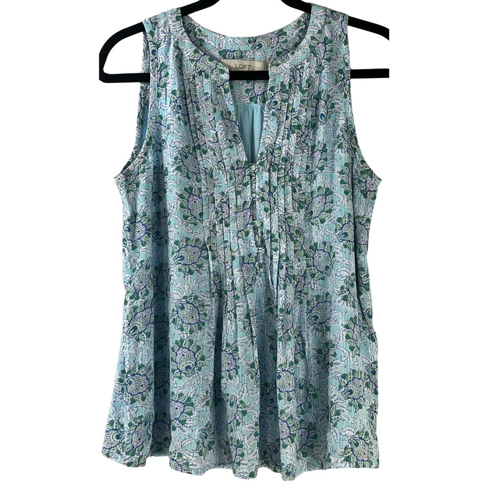 LOFT Blue White Paisley V Neck Button Front Flutter Sleeve Top XS
